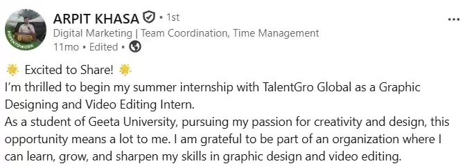 Real internship testimonial for TalentGro